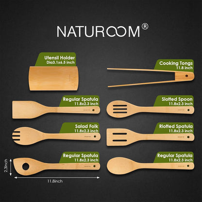 Kitchen Utensils Set of 8 PCS, 12Inches Bamboo Wooden Cooking Spoon & Spatula Tools Perfect for Non-Stick Cookware (Bamboo 12Inches)2