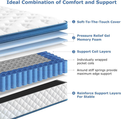 King Size Mattress, 12 Inch Medium Firm Hybrid King Bed Mattress, Memory Foam Mattresses in a Box for Pressure Relief, Individual Pocket Spring-Motion Isolation with Edge Support, Certipur-Us3