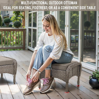 5 Piece Swivel Rocker Glider Outdoor Chairs Set of 2 with Ottoman and Glass Side Table Patio Bistro Furniture Set, Comfort High Back Wicker Patio Conversation Set for Deck Porch Sunroom6