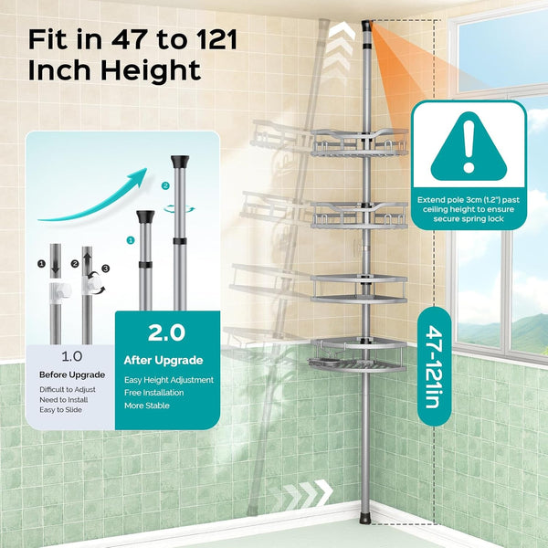 Corner Shower Caddy Tension Pole: Rustproof Stable 4-Tier Bathroom Organizer Shelves for Bathtub Shampoo Storage - 47-121 Inch Quick Install Adjustable Shelf with Soap Rack - Silver Gray4