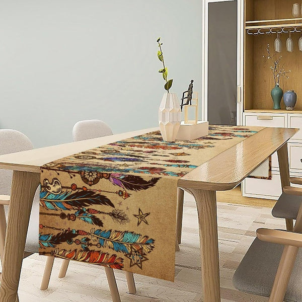 Boho Feather Table Runner, Vintage Tribal Ethnic American Indian Peacock Feathers Print Table Runner for Home Indoor Outdoor Party Wedding Decor, 13X60Inch2