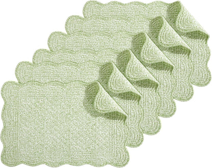 Quilted Placemats Set of 6 Washable-13X18 Inches Rectangular Placemats for Kitchen Table-100% Cotton Fabric Rectangular Table Mats, (White with Light Green)1