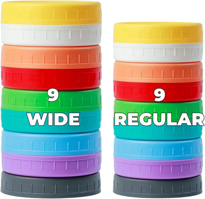 18 Pack 9 Wide Mouth & 9 Regular Mouth Mason Jar Lids with Silicone Rings,Thickened Leak-Proof Lids Fit Ball,Kerr and More, 18 Color Plastic Lids, 86Mm &70Mm Plastic Mason Jar Lids1