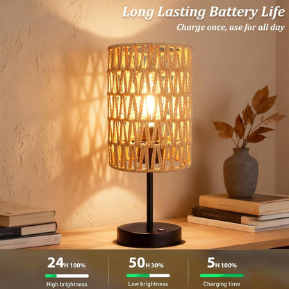 Rechargeable Outdoor Table Lamps, Rattan Boho Cordless Battery Operated Table Lamps, Patio Lamp for Living Room, Balcony, Bedside Decor- Set of 2 (Beige)3