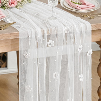 Flower Pearl White Gauze Table Runner 10FT, Seasonal Sheer Dining Holiday Wedding Birthday Baby Shower Table Decor for Home Party1