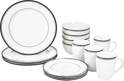 16-Piece Cafe Stripe Dinnerware Set, Microwave and Dishwasher Safe, Plates, Bowls, Mugs, Service for 4, Black1