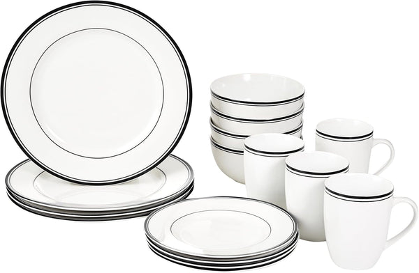 16-Piece Cafe Stripe Dinnerware Set, Microwave and Dishwasher Safe, Plates, Bowls, Mugs, Service for 4, Black1