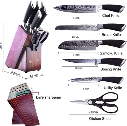 Knife Set, 7-Piece Kitchen Knives Set with Block Professional Stainless Steel Knives Set for Kitchen Damascus Knives Set with Built-In Knife Sharpener for Chef'S Family2