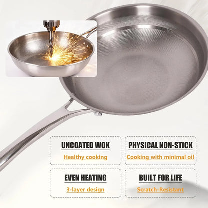 Titanium Hammered Wok with Lid, Pure, No Coating Non-Stick Titanium Pans for Cooking, Flat Bottom Wok, Ultra-Durable, Scratch-Resistant, Compatible with All Cooktops,12.6In3