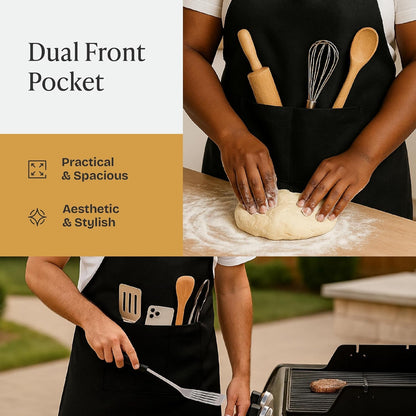 Chef Apron for Men and Women - 33" X 27" Large with 38" Waist Ties for a Comfy and Snug Fit, Durable and Lightweight, with 2 Spacious Pockets for Your Cooking Essentials - 1-Pack, Black | Unisex 33'' X 27'' Oil & Water Resistant Soft Kitchen Chef Apron with Adjustable Neck Strap & 38'' Waist Ties for Snug Fit7