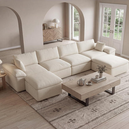 152.64" U Shaped Cloud Couches for Living Room, 6 Seater Large Modular Sectional Sofa with 2 Ottoman,Convertible Couch Deep Seat Sofa with Pillow for Bedroom and Apartment, Beige1