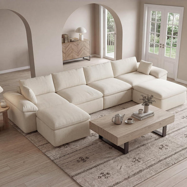 152.64" U Shaped Cloud Couches for Living Room, 6 Seater Large Modular Sectional Sofa with 2 Ottoman,Convertible Couch Deep Seat Sofa with Pillow for Bedroom and Apartment, Beige1
