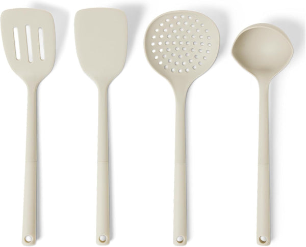 Silicone Cooking Spoon, Ladle and Spatula Set, 4-Piece, Slotted, Soft Grip Handle, Bpa-Free, Dishwasher-Safe, Linen Gray1