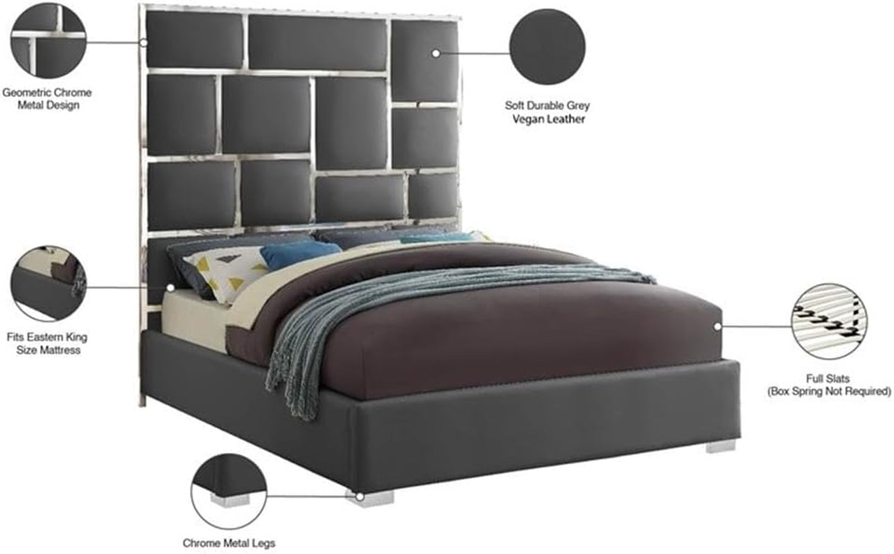 modern-king-bed-solid-wood-and-gray-vegan-leather-chrome-metal-accents-81-5-w-x-84-5-d-x-70-h-tall-geometric-headboard-no-box-spring-required-contemporary-bedroom-furniture