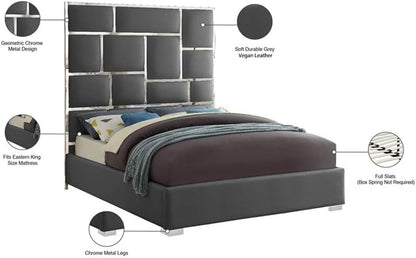 Modern King Bed, Solid Wood and Gray Vegan Leather, Chrome Metal Accents, 81.5" W X 84.5" D X 70" H, Tall Geometric Headboard, No Box Spring Required, Contemporary Bedroom Furniture8