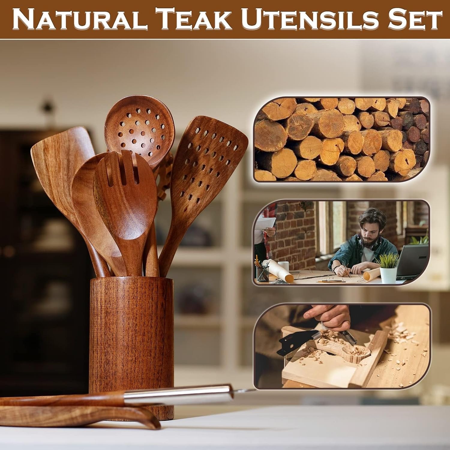 10pcs-teak-wooden-utensils-set-with-holder-spoon-rest-stainless-handle