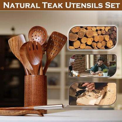10PCS Teak Wooden Utensils Set with Holder & Spoon Rest, Stainless Handle5