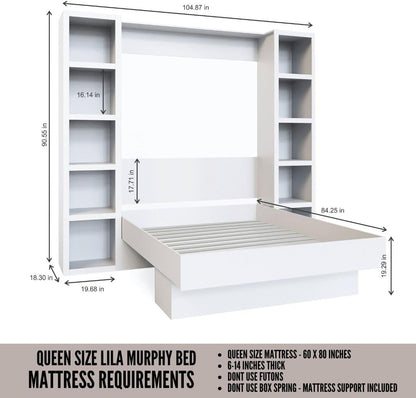 Easy-Lift Queen Murphy Wall Bed in Brown Wood Grain with Two Bookshelves2