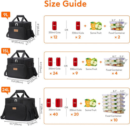 Medium Lunch Bag, Insulated Lunch Box, Soft Cooler Cooling Tote for Adult Men Women, Black 12-Can (9L)5