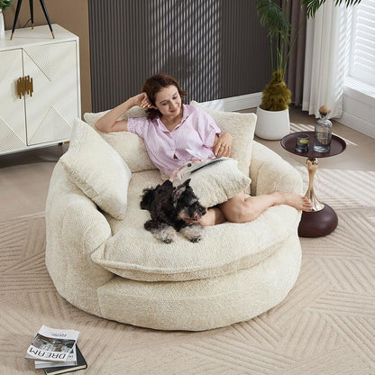 Oversized round Lounge Chair Indoor, 56" Deep Seat Circle Sofa with Double Armrests & Pillows, Fluffy Cloud Chenille Couch, No Assembly Reading Chair for Living Room, Bedroom, Apartment,Beige3