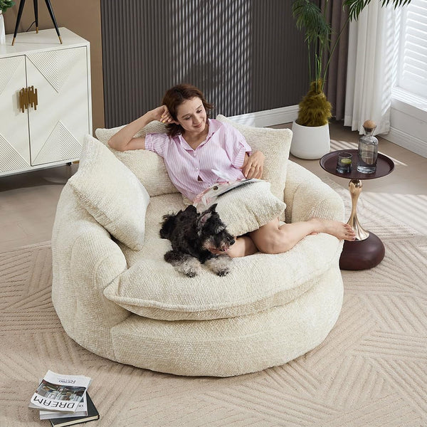 Oversized round Lounge Chair Indoor, 56" Deep Seat Circle Sofa with Double Armrests & Pillows, Fluffy Cloud Chenille Couch, No Assembly Reading Chair for Living Room, Bedroom, Apartment,Beige3