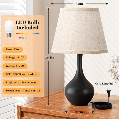 16.1" Touch Table Lamp for Nightstand, 3 Way Dimmable Small Bedroom Lamp | Touch Control, Bulb Included, Black Bedside Lamps for Desk, Night Stands, Living Room, End Table, Corded5