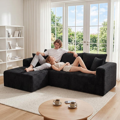 92.5" Modular Sectional Sofa, L-Shaped Cloud Couch with Deep Seats and Chaise, Upholstered Corduroy Boneless Couch for Living Room Small Space, No Need Assembly - Black(Left Facing Chaise)4