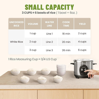 3-Cup Uncooked Rice Cooker Small, Stainless Steel Non-Toxic Inner Pot, One-Touch Multifunction for Rice/Sauté/Yogurt, Dishwasher Safe, 1-3 People Size, Silver2