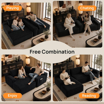 Black 96.9 Inch Right Chaise Sectional Sofa, Boneless Corduroy Cloud Couch with Spring Coils & High-Resilience Foam, Deep Seat Oversized Compact Living Room Set, No Assembly, Stain-Resistant Fabric6