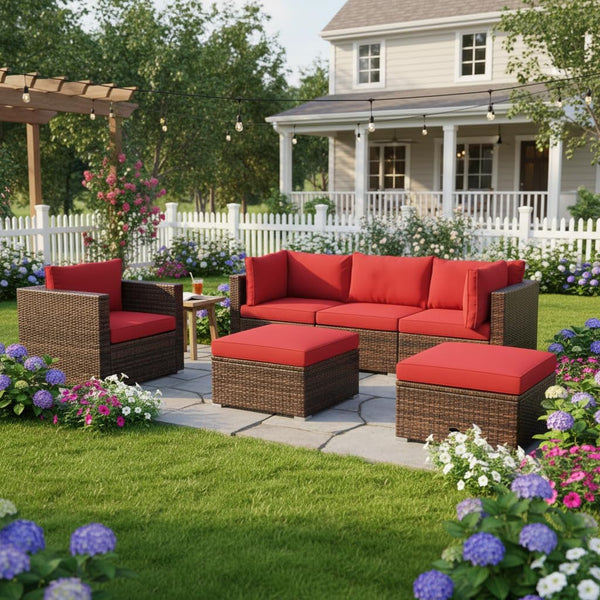 6 Pieces Wicker Patio Furniture Set, PE Rattan Outdoor Sectional Conversation Set with Glass Coffee Table & Ottoman, Wicker Sofa Set with Cushions for Yard Garden, Deck, Porch (Red)1