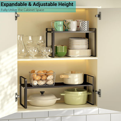2 Pack Expandable Cabinet Organizer Shelves, 88Lbs High Weight Capacity, Stackable Heavy-Duty Metal Storage Rack, Adjustable Cabinet Shelf for Kitchen, Pantry, Cupboard, under Sink, Black2