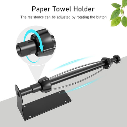 Paper Towel Holder, Single Hand Operable Paper Towel Holder under Cabinet with Adjustable Damper, Easy Tear, Wall Mount, Self-Adhesive or Drilled for Kitchen Bathroom, Black2