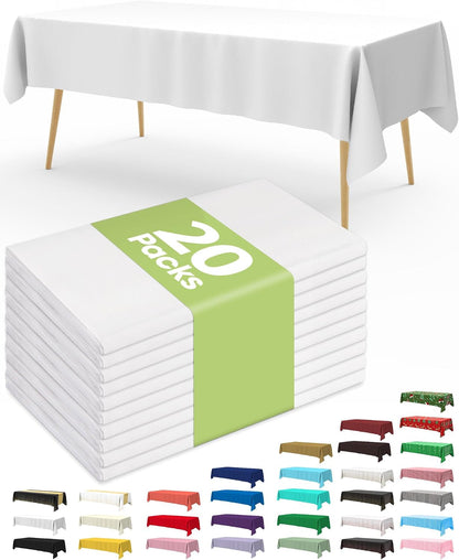 Plastic Table Cloth Disposable 20 Pack, 54 X 108 Inch Table Cloths, Party, Picnic, Wedding, Decorative Tablecloths, Rectangle, White Plastic Cover, Leakproof & Sturdy, White1