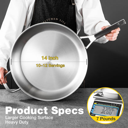 Stainless Steel Pan,14 Inch Frying Pan, Heavy Duty, Large Frying Pan, Fast & Even Heating, up to 650°, Oven & Dishwasher Safe,Compatible with All Cooktops2
