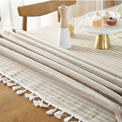 Stripe Tassel Tablecloth Cotton Linen Stain Resistant Dust-Proof Table Cloth Cover for Kitchen Dinning Tabletop Decoration (Rectangle/Oblong,55 X 79 Inch, Beige)5
