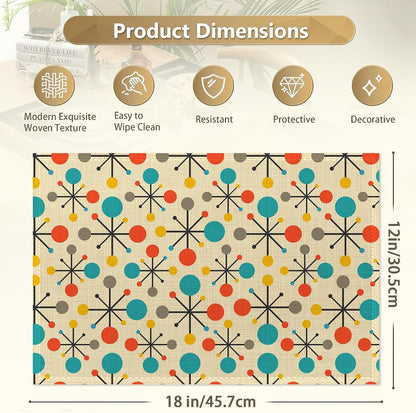 Mid Century Fifties Modern Atomic Retro Placemats Set of 6,12X18 Inch Table Mats for Kitchen Table Washable Farmhouse Linen Table Mats Dining Decoration3