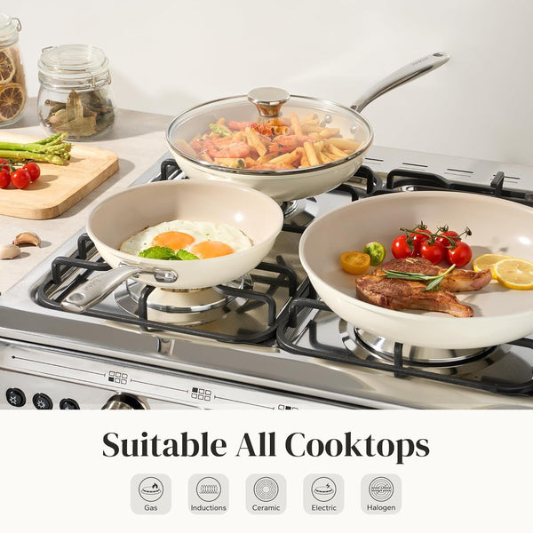 Nonstick Cookware Sets, Frying Pan Set with Tempered Glass Lids, Ceramic Cookware Set, Stay-Cool Handles, Dishwasher & Oven Safe, Compatible with All Cooktops, Beige (8+9.5+11 Inch)8