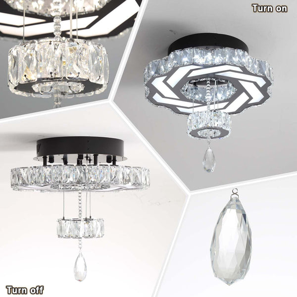 16 Inch Mini Chandelier Modern Crystal Chandeliers Light Semi Flush Mount Ceiling Light Fixture Small Black Chandelier for Bedroom Hallway Kitchen Foyer8
