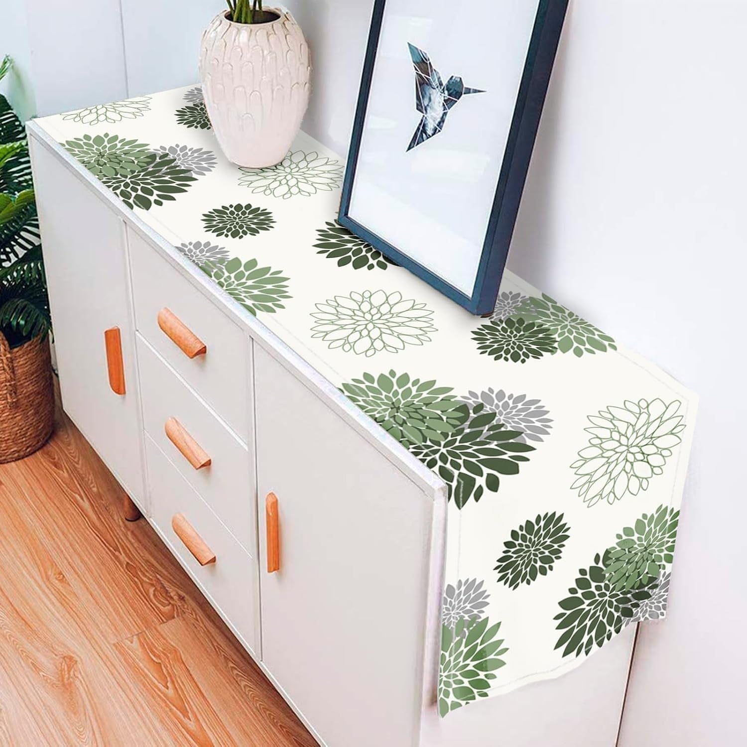 sage-green-gray-table-runner-dahlia-pinnata-flower-beige-table-runners-modern-elegant-pompon-farmhouse-geometric-table-center-decor-for-girls-room-dining-party-patio-13-x-48-inch