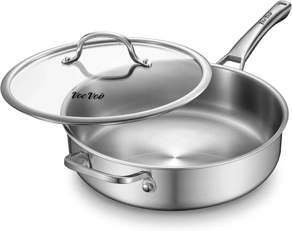 Stainless Steel Pan with Lid, 6 QT Stainless Steel Saute Pan, 12 Inch Frying Pan, PFOA & PTFE Free, Tri-Ply Skillet, Stainless Steel Pot, Dishwasher & Oven Safe, Works on All Cooktops1