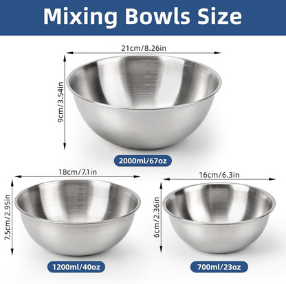 3-Set Stainless Steel Mixing Bowls Set (0.74, 1.26 & 2.2 Qt) | Metal Bowl Sets with Measurement Marks, Dishwasher Safe & Stackable - Perfect for Baking, Salad Making, Meal Prep and Kitchen Use2