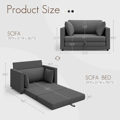 51" Loveseat Sofa Bed, Pull Out Love Seat for Small Space, Folding Couch Bed for Living Room, Bedroom, Dark Gray3