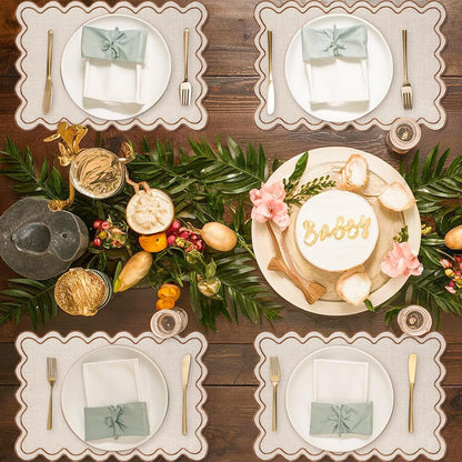 Beige Linen Placemats Embroidered Scalloped Kitchen Place Mats for Birthday Baby Shower Party Home Dining Table Decor, Set of 6, 13 X 19 In7