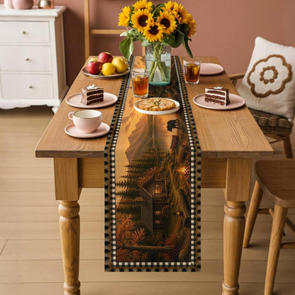 Mountains Bear Table Runner Cotton Linen 72 Inch Holiday Dresser Scarves, Farmhouse Country Cabins Pine Tree Brown Tablerunner for Kitchen Coffee Dining Living Room Dinner Scarf Décor 13''X72''3