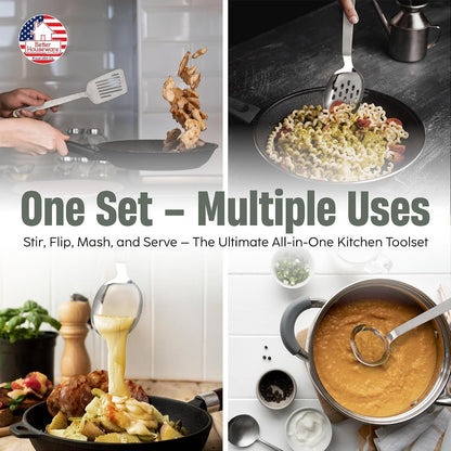 Kitchen Utensils Set Stainless Steel – 6-Piece Stainless Steel Cooking Utensils – Potato Masher, Skimmer Fork, Solid Spoon, Slotted Turner, Perforated Spoon, Gravy Ladle2