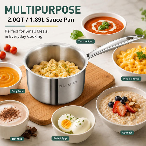 Full-Body Clad Tri-Ply Stainless Steel 2 Quart Saucepan with Lid | Small Stainless Steel Pot Induction Cooking Sauce Pot Pan, Heavy Duty Saucier Cookware, PFOA&PTFE Free4