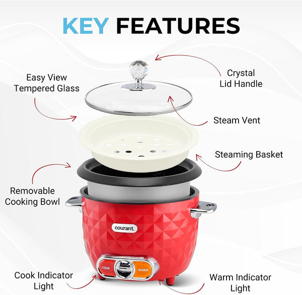 Rice Cooker 10-Cup (Cooked) Steaming Basket One-Touch Operation, Automatic Keep Warm Function, Red5