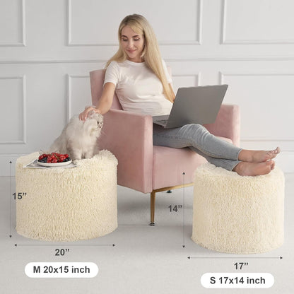 round Pouf Ottoman Foot Rest, Footstool, 17 X 14 Inch, Beige | High-Density One-Piece Foam, Firm & Stable, for Couch, Bedroom, Living Room, Mechine Washable Cover2