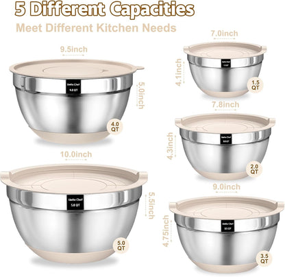 Mixing Bowls with Airtight Lids Set, 8PCS Stainless Steel Nesting Bowls with Grater Attachments, Non-Slip Bottoms, 5, 4, 3.5, 2, 1.5QT for Mixing & Serving2
