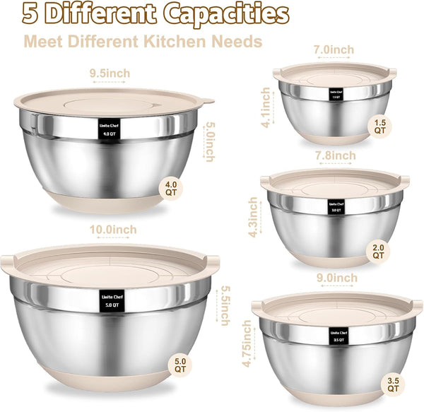 Mixing Bowls with Airtight Lids Set, 8PCS Stainless Steel Nesting Bowls with Grater Attachments, Non-Slip Bottoms, 5, 4, 3.5, 2, 1.5QT for Mixing & Serving2